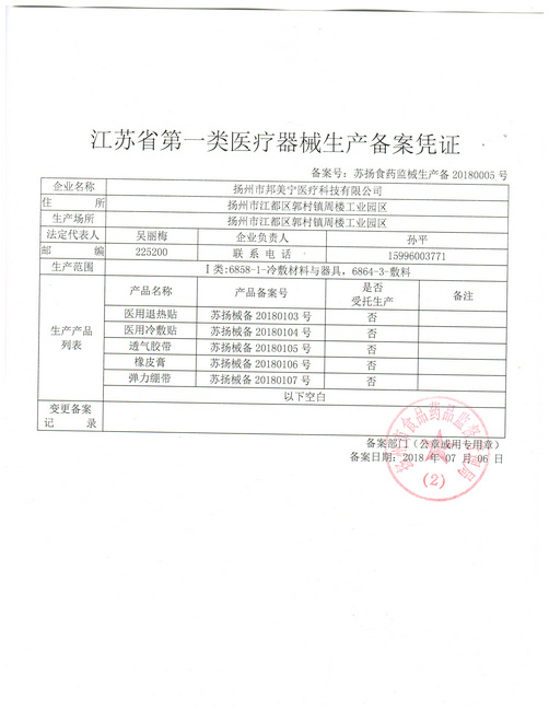 一類(lèi)醫療器械生產(chǎn)備案證
